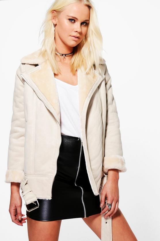 Kimberly Faux Fur Collar Longline Aviator Jacket